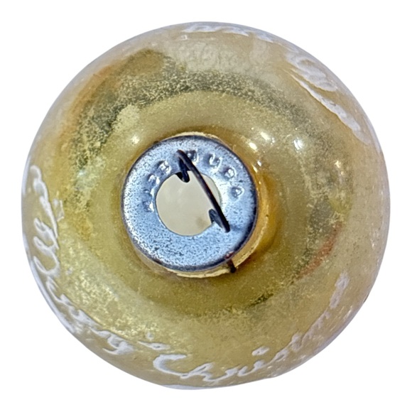 Vtg Shiny Brite Merry Christmas Train Stencil Yellow Unsilvered Glass Ornament - Picture 6 of 6